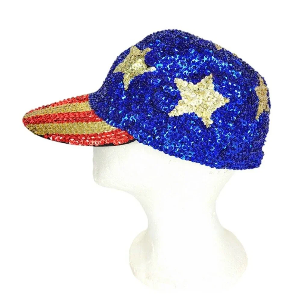 Vintage Beaded Sequined Gold Stars and Stripes Patriotic Blingy Flag Hat Adult - Picture 4 of 7